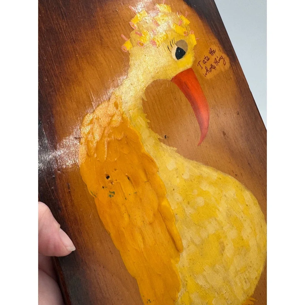 Vtg 1975 Hand Painted Wood Plaque Whimsical Bird I Ate The Whole Thing